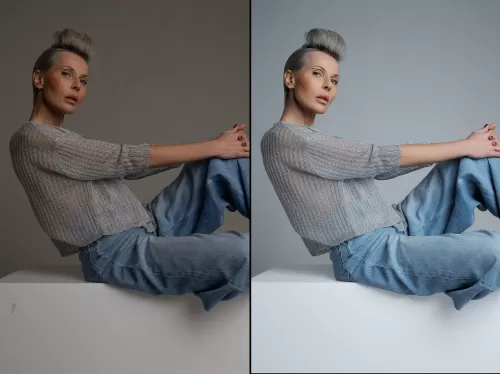 Профессиональный портрет женщины с серой прической в джинсах для бизнес съемки с цветокоррекцией до и после